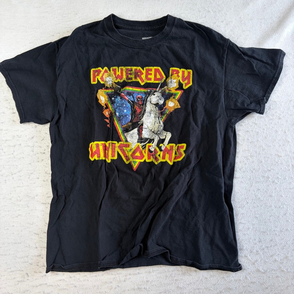 Marvel Deadpool Powered By Unicorns T-Shirt Large Black Graphic Tee Short Sleeve